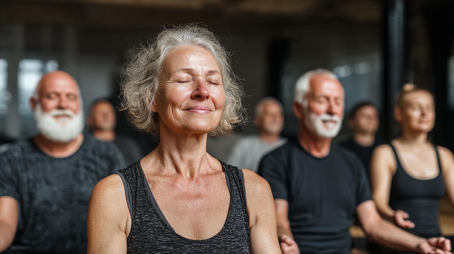 Skupina seniorov meditujúcich v parku